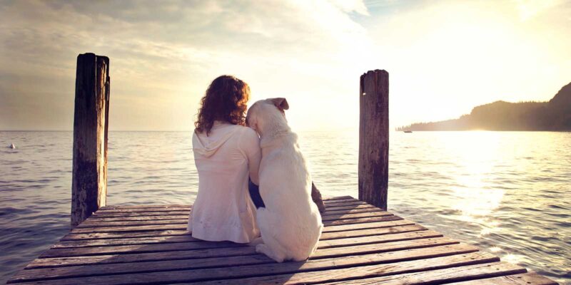 Woman sitting with her white dog on a dock, overlooking a beautiful lake, enjoying a moment of gratitude and connection